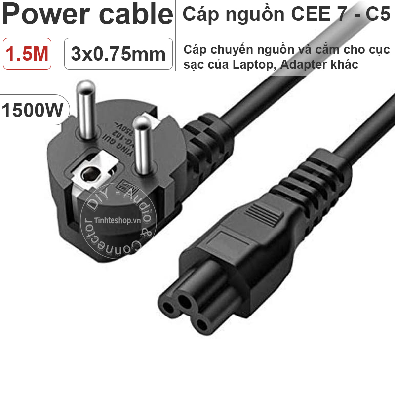 Dây nguồn cho cục sạc Laptop phích bẻ góc EU 16A 3x0.75mm tiêu chuẩn IEC 53 IEC 60227-5 1.5 mét (đổi qua phích cắm thẳng)