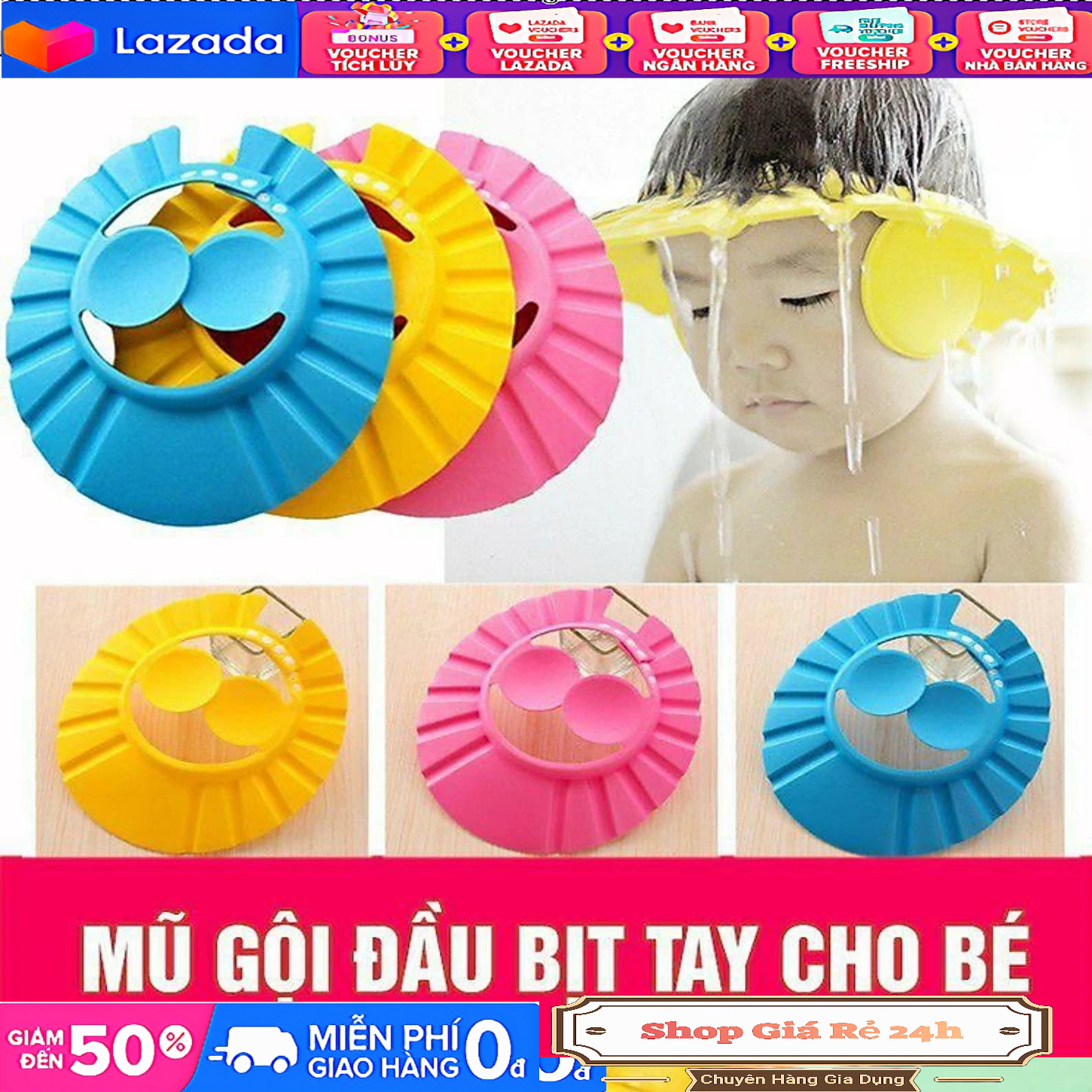 Mũ gội đầu cho bé có bịt tai. Mũ tắm gội cho bé. Mũ chắn nước cho bé.