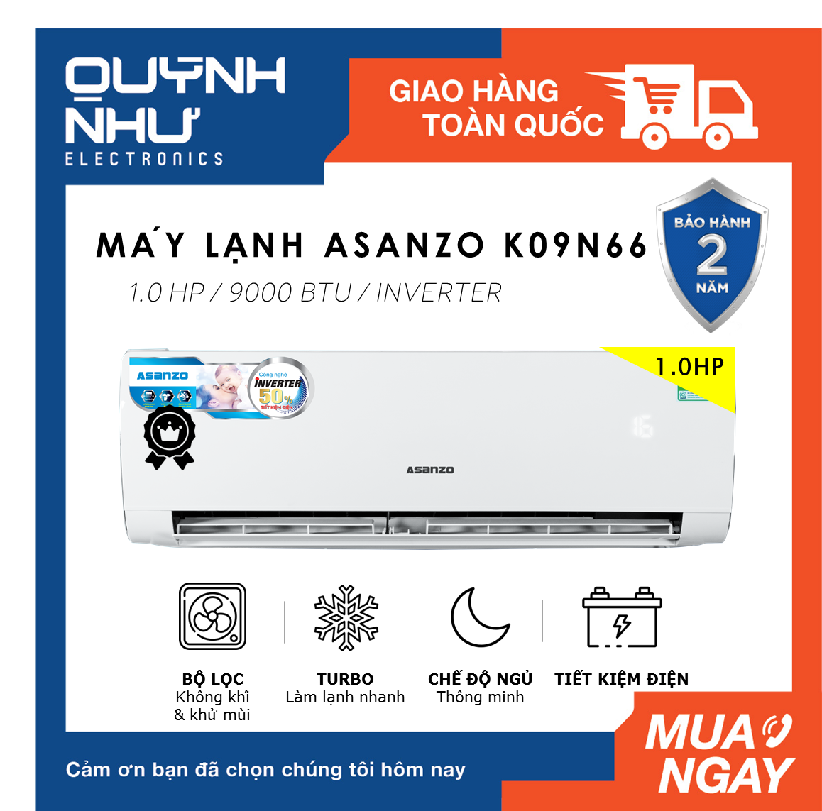 Máy lạnh Asanzo Inverter 1.0HP K09N66 (1.0 ngựa, Tiết Kiệm Điện, Turbo làm lạnh nhanh, Màn hình LED, Lọc không khí & khử độc, Vỏ chống gỉ, Hỗ trợ Sleep Mode, Chống ồn, trắng) - Máy lạnh giá sỉ - Mới - Bảo hành 2 năm toàn quốc