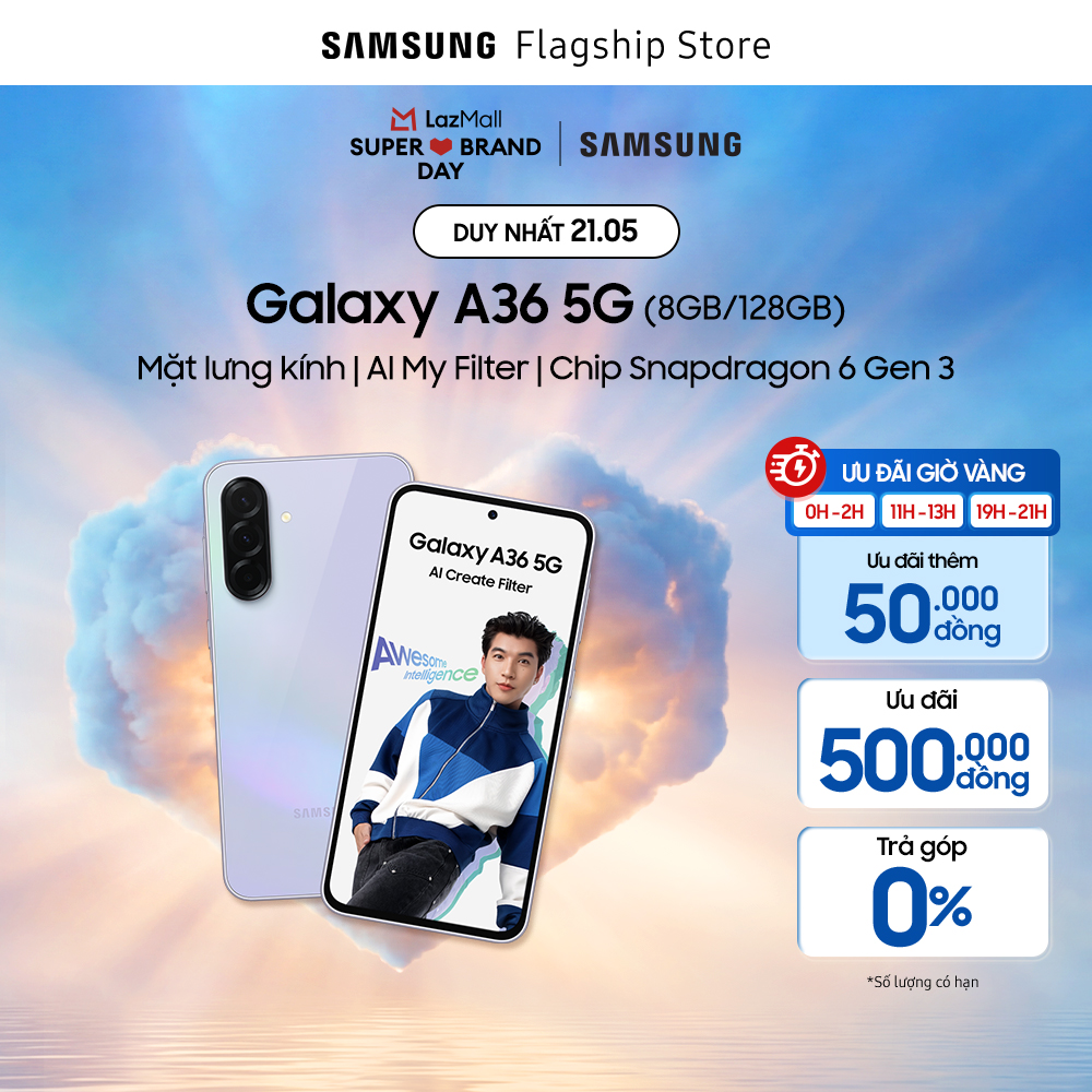 [SIÊU SALE THƯƠNG HIỆU DUY NHẤT HÔM NAY 21.5] Điện thoại Samsung Galaxy A36 5G, Màn Hình FHD 6.7”, Mặt lưng kính, AI-My Filter, Chip Snapdragon 6 Gen 3, Sạc 45W