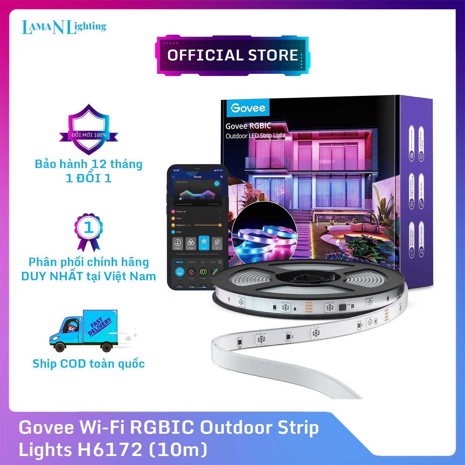 Dây đèn led chống nước govee rgbic outdoor strip lights h6172 | 1 cuộn 10m, trang trí hắt trần, tủ, gầm giường siêu sáng