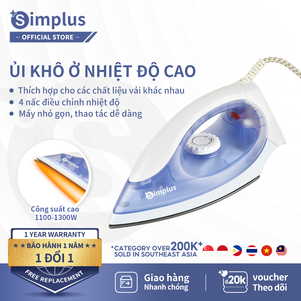 Bàn ủi điện hơi nước cầm tay Simplus - Ủi khô ủi hơi nước kết hợp - Tiện lợi sử dụng gia đình