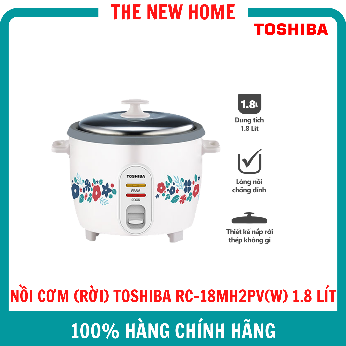 Nồi cơm điện nắp rời toshiba rc-18mh2pv 1.8 lít - có chống dính - hàng chính hãng