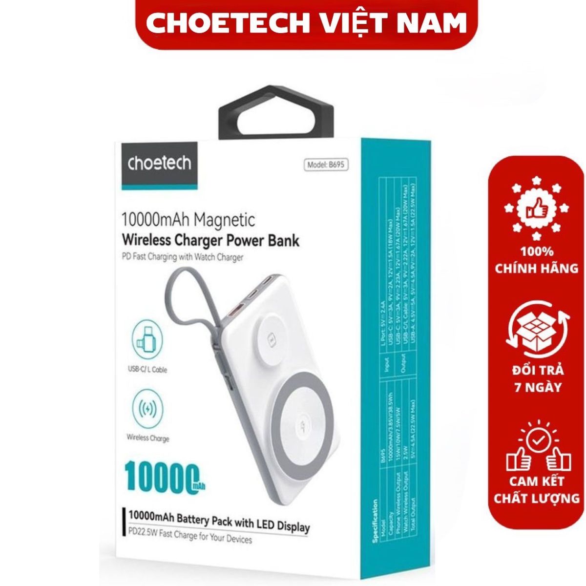 Pin dự phòng Magsafe Choetech B695/B696  3 in 1 Công Suất 22.5W tích hợp thêm dây cáp sạc Lightning và Type C (hàng chính hãng)