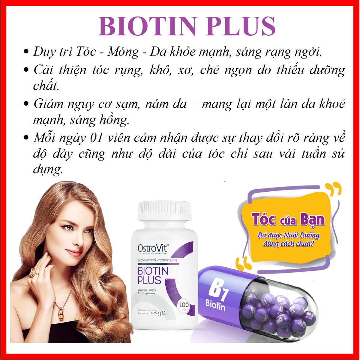 Ostrovit Biotin Plus 100 Tablets - Viên uống bổ sung Biotin, dưỡng chất