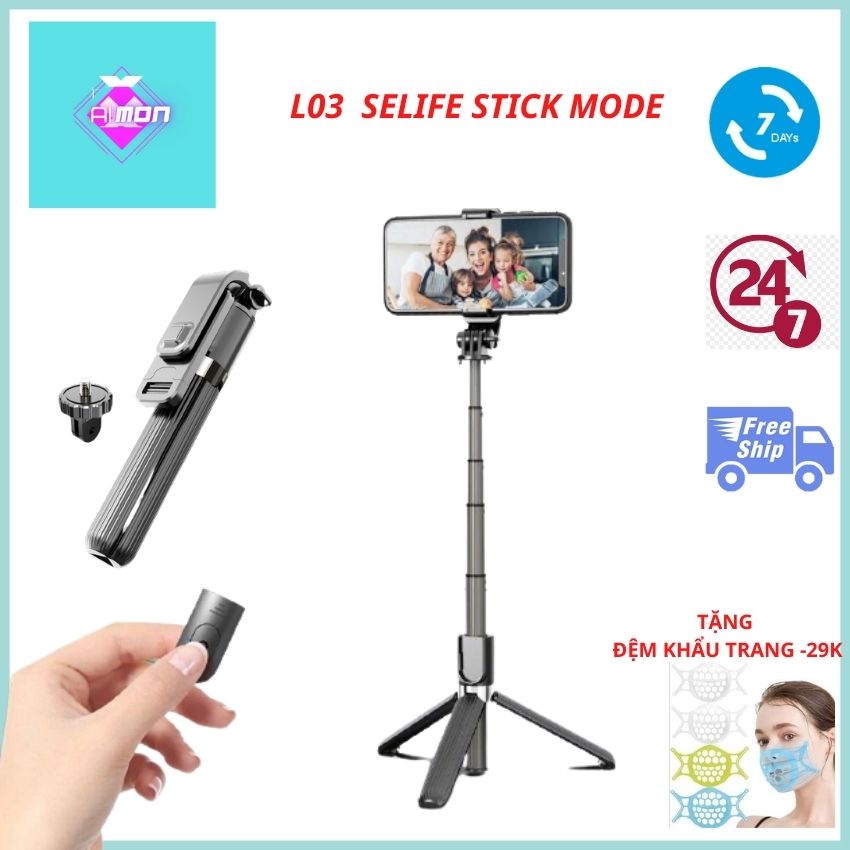 [ Free Ship + Quà Tặng 29K] Gậy Chụp Ảnh Tự Sướng L03 M1.Gậy Selfie Chống Rung 3 Trong 1 Cho Điện Thoại. Kết Nối Bluetooth Không Dây. Thích Hợp Cho Chụp Ảnh Tự Sướng, Quay Vlog, Du Lịch Ngoài Trời. Gậy Xoay 360 độ- AI MON