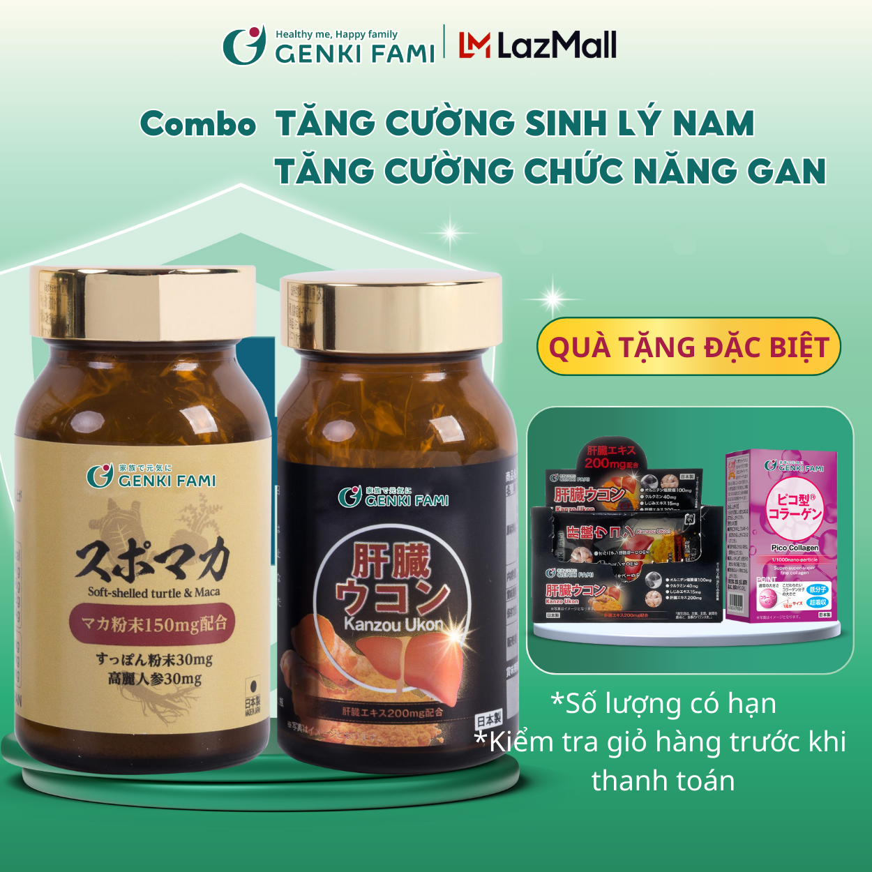 Combo Viên Uống Bổ Gan Kanzo Ukon, Tăng Cường Sinh Lý Nam Supomaca Genki Fami Nhật Bản