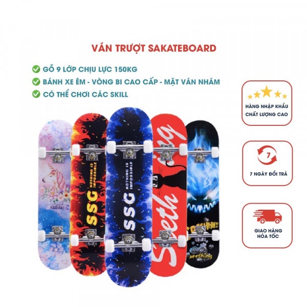Ván Trượt, Skateboard Gỗ 9 lớp Bánh Cao Su Cỡ Lớn Chịu Lực 150kg (Nhiều Màu)Cỡ Lớn Đạt Chuẩn Thị Đấu (Mặt Nhám + Bánh Cao Su) Chống Trơn Trượt,