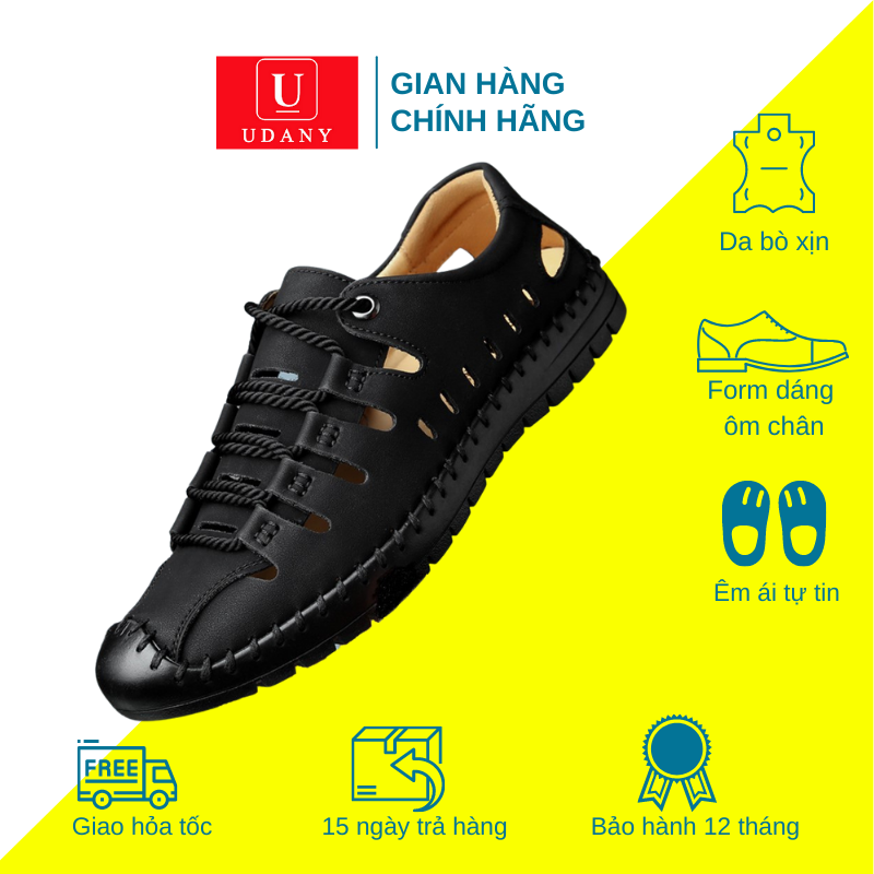 Giày rọ nam da bò udany giày buộc dây đế cao su non nguyên khối siêu êm siêu bền được khâu chắc chắn giày da nam đục lỗ thoáng khí đẹp không tì vết vô cùng mát mẻ cho mùa hè - GBD18