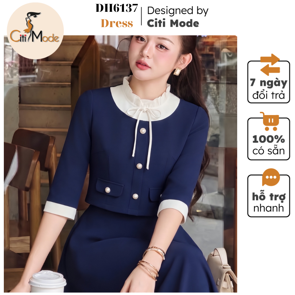 Citi Mode Fashion Office Dress Designed with Blue and Black Flared Dress with Ruffled Collar and White Sleeves Dh6137