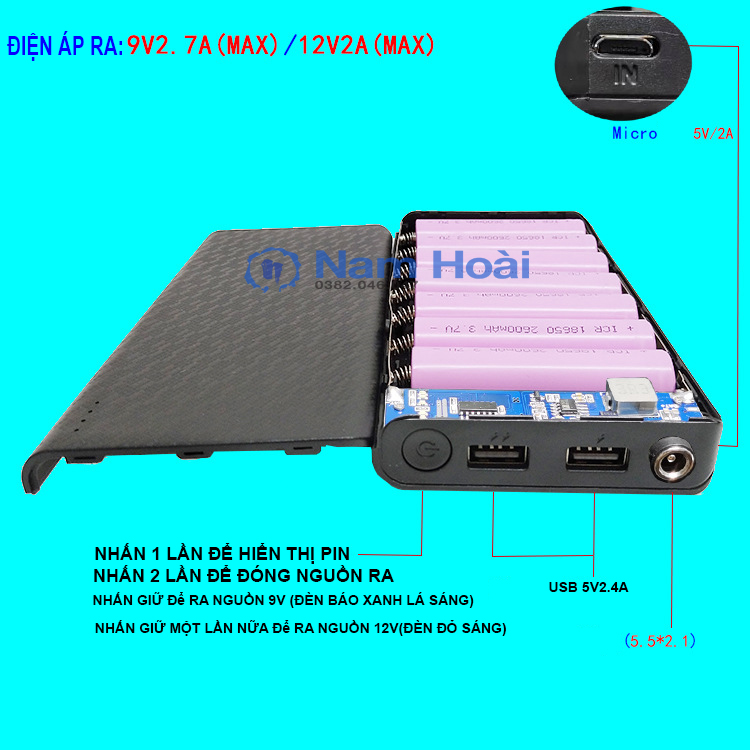 Box 7 Cell Sạc Dự Phòng Ra 9V/12V sử dụng cho thiết bị 12V (chưa pin)