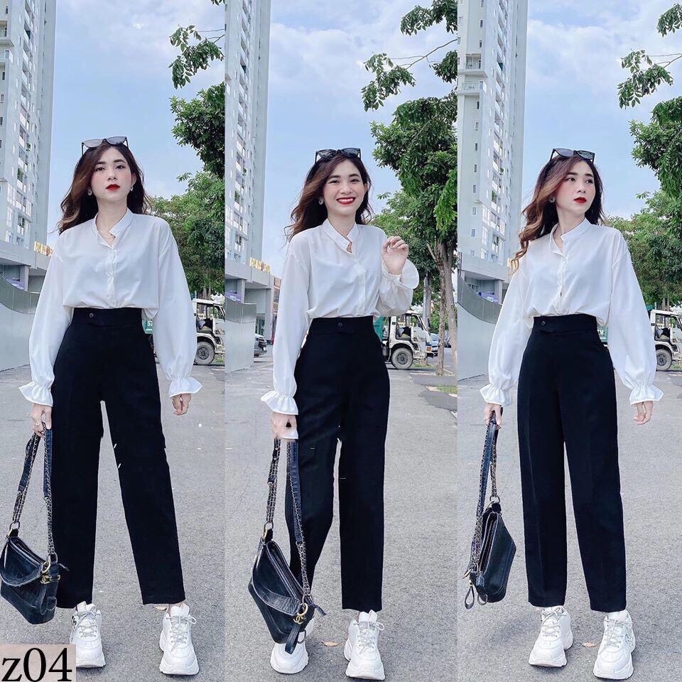 Set Áo Sơmi Trắng Tay Bèo & Quần Tây Kate Đen Lên Đồ Dạo Phố Siêu Xinh.