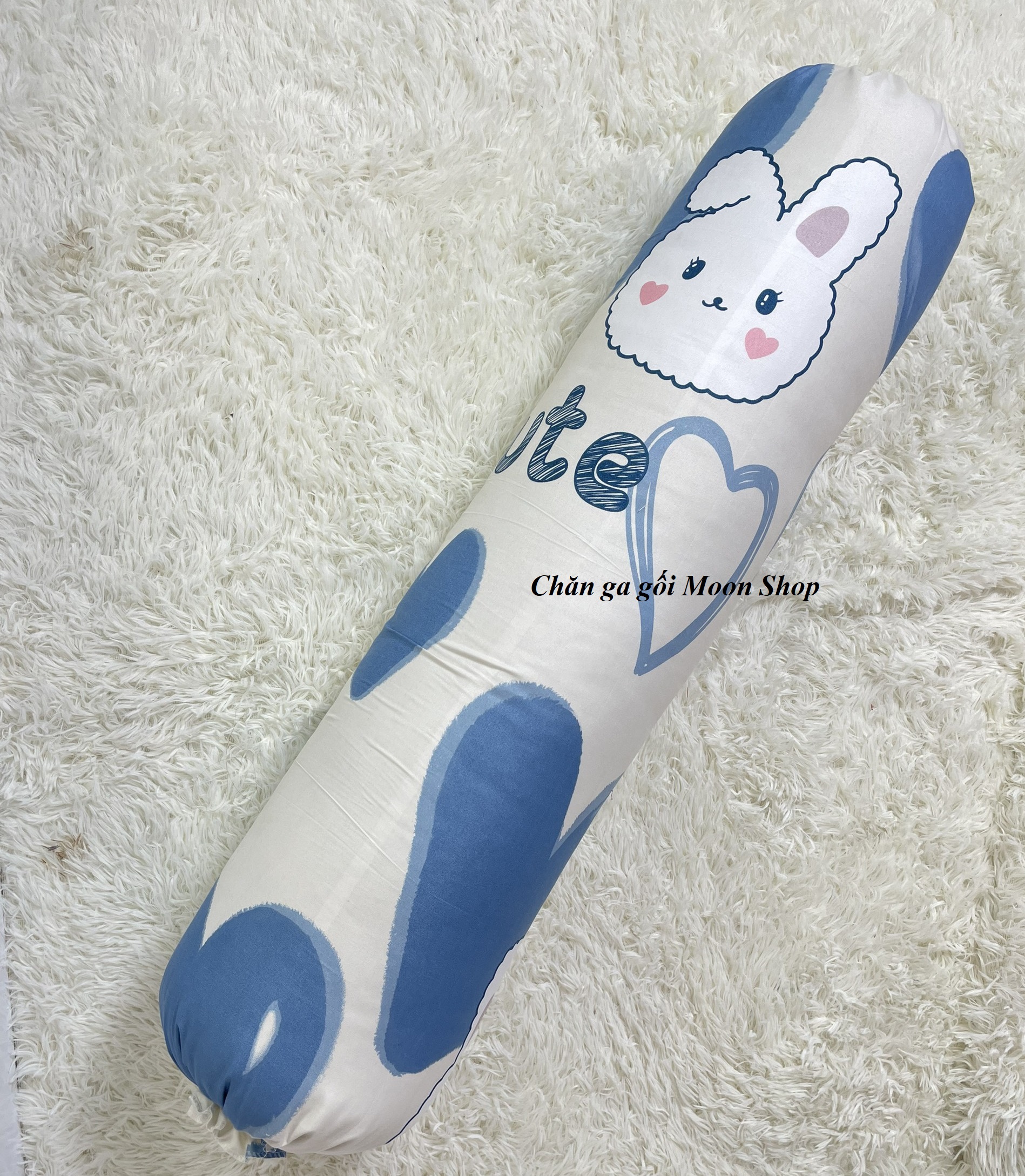 (Giá tại xưởng) Vỏ gối ôm poly cotton, áo gối dài nhiều mẫu đẹp, bao gối ôm người lớn 30x100cm có dây dù rút kéo [Thỏ tim xanh]