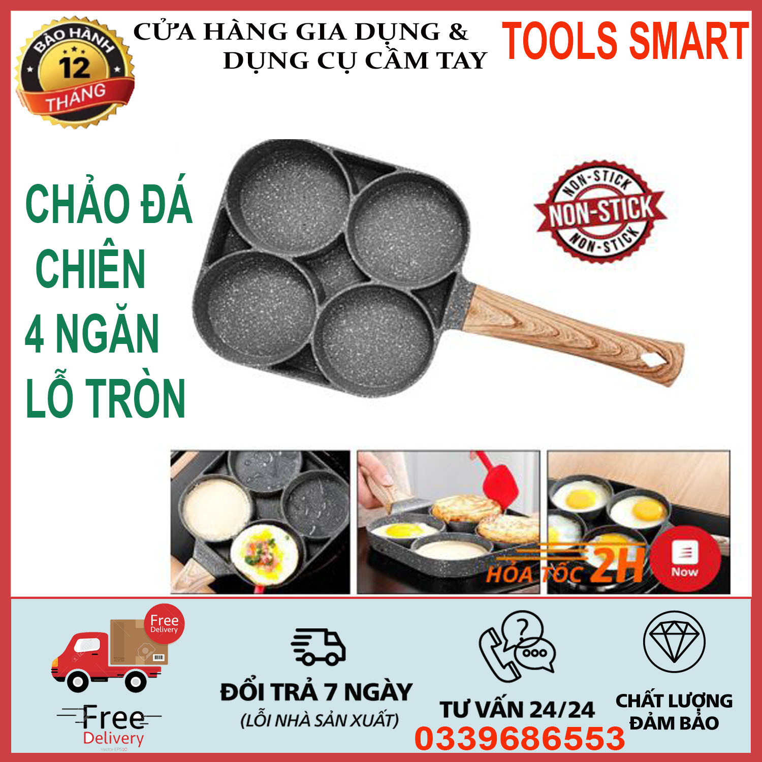 Chảo đá chiên 4 ngăn lỗ tròn , khuôn chảo chiên rán trứng làm bánh 4 ngăn 4 lỗ tròn chống dính tiện lợi - khuôn nướng bánh 4 ô dùng cho mọi loại bếp