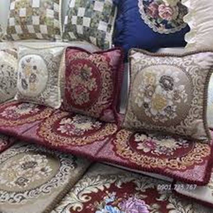 Gối Tựa Lưng Vải Gấm Nhung Cao Cấp Họa Tiết Hoa Thêu Sang Trọng - Viền Gân (Vuông 45*45cm) : Nhiều Màu Sáng Tối - Giao Ngẫu Nhiên