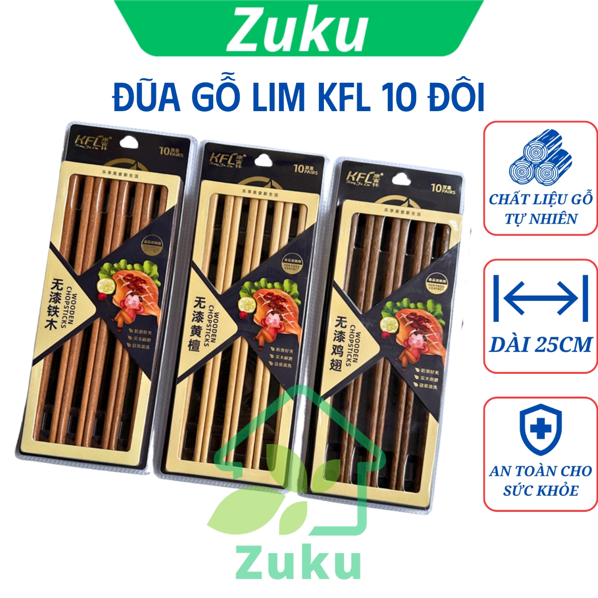 Đũa gỗ ăn cơm cao cấp KFL, kháng khuẩn chống mốc không sơn - Hộp 10 đôi