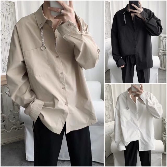 [HCM]Áo sơ mi nam tay dài trơn phối khoen cổ dáng rộng unisex