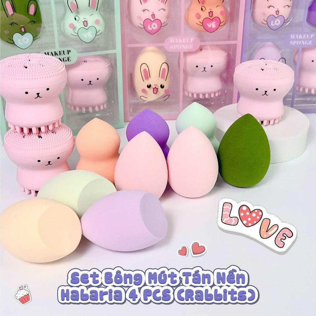 Set bông mút tán nền habaria makeup sponge rabbits love 4 món có bạch tuột rửa mặt
