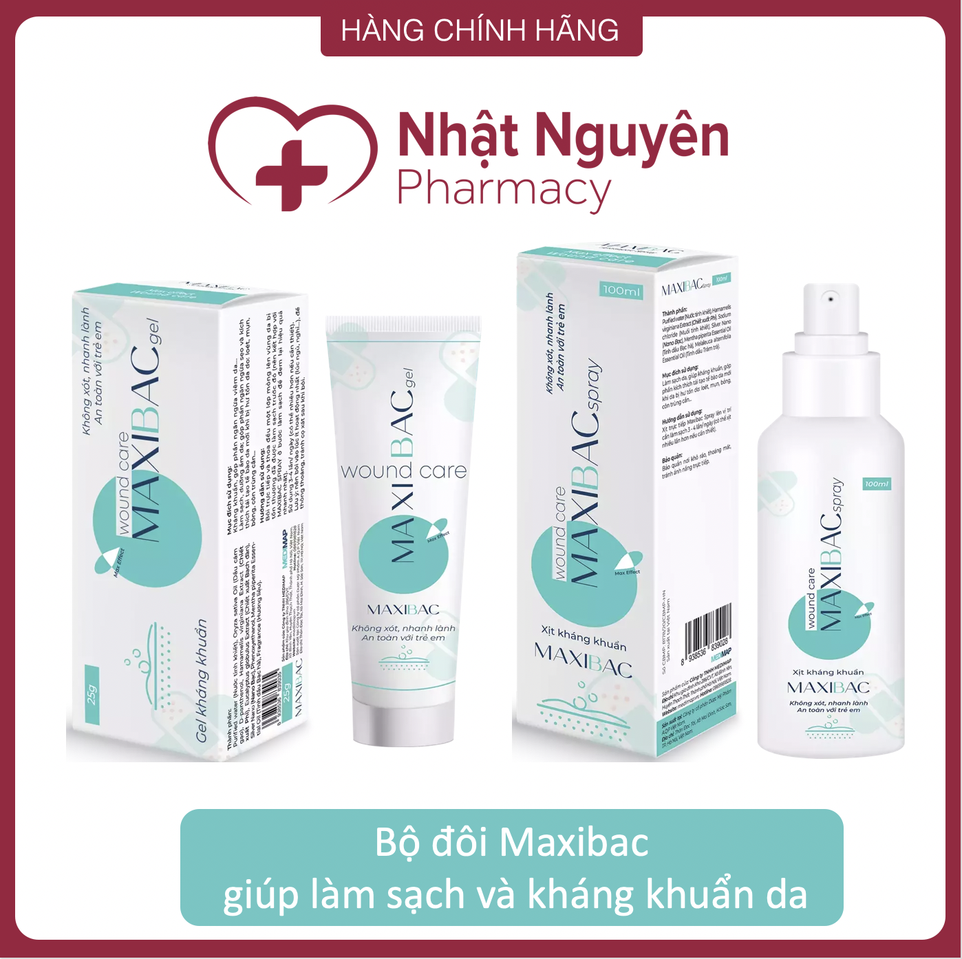 Bộ đôi xịt sát khuẩn và gel bôi MAXIBAC giúp làm sạch và kháng khuẩn da