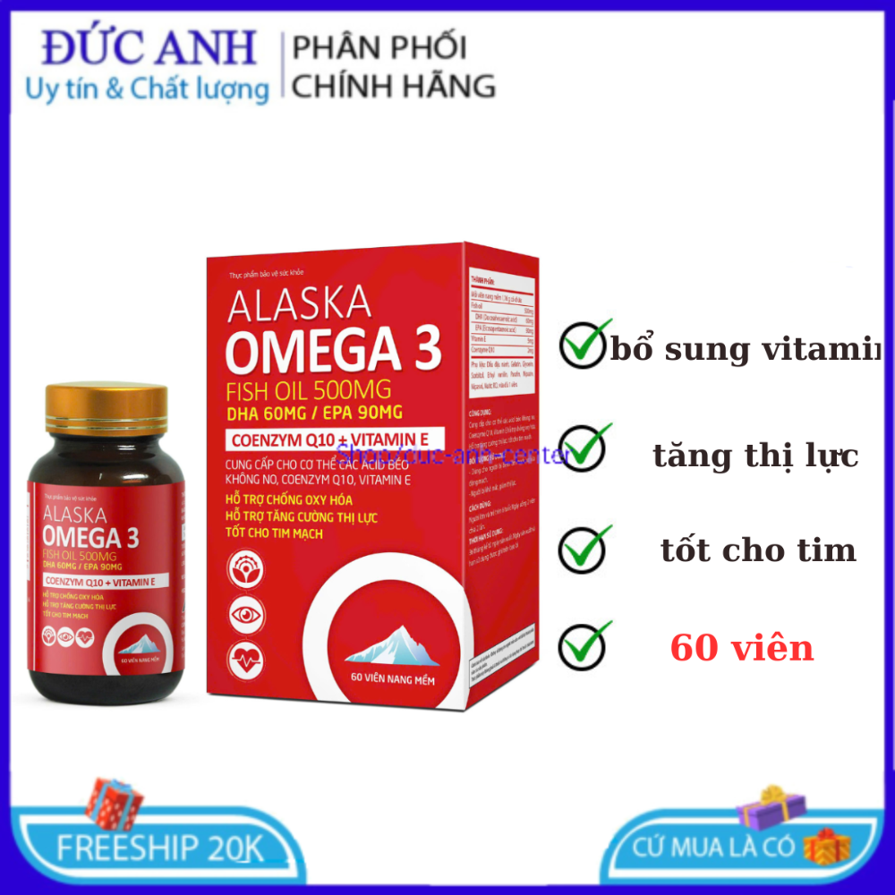 Viên uống Alaska Omega 3 Fish Oil 500MG giúp tăng cường thị lực, tốt cho tim mạch hộp 60 viên