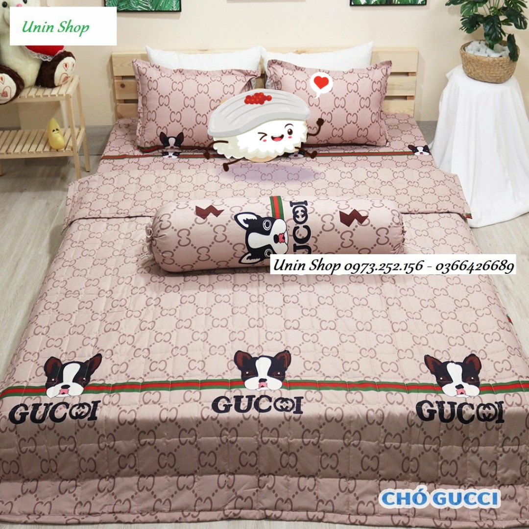 Bộ 5 món chăn ga gối hè thu Cotton poly mẫu Chó Gucci giá rẻ | Set mền trần bông, drap giường, vỏ gối cotton poly đẹp đủ size M6/M8/2M/1M2