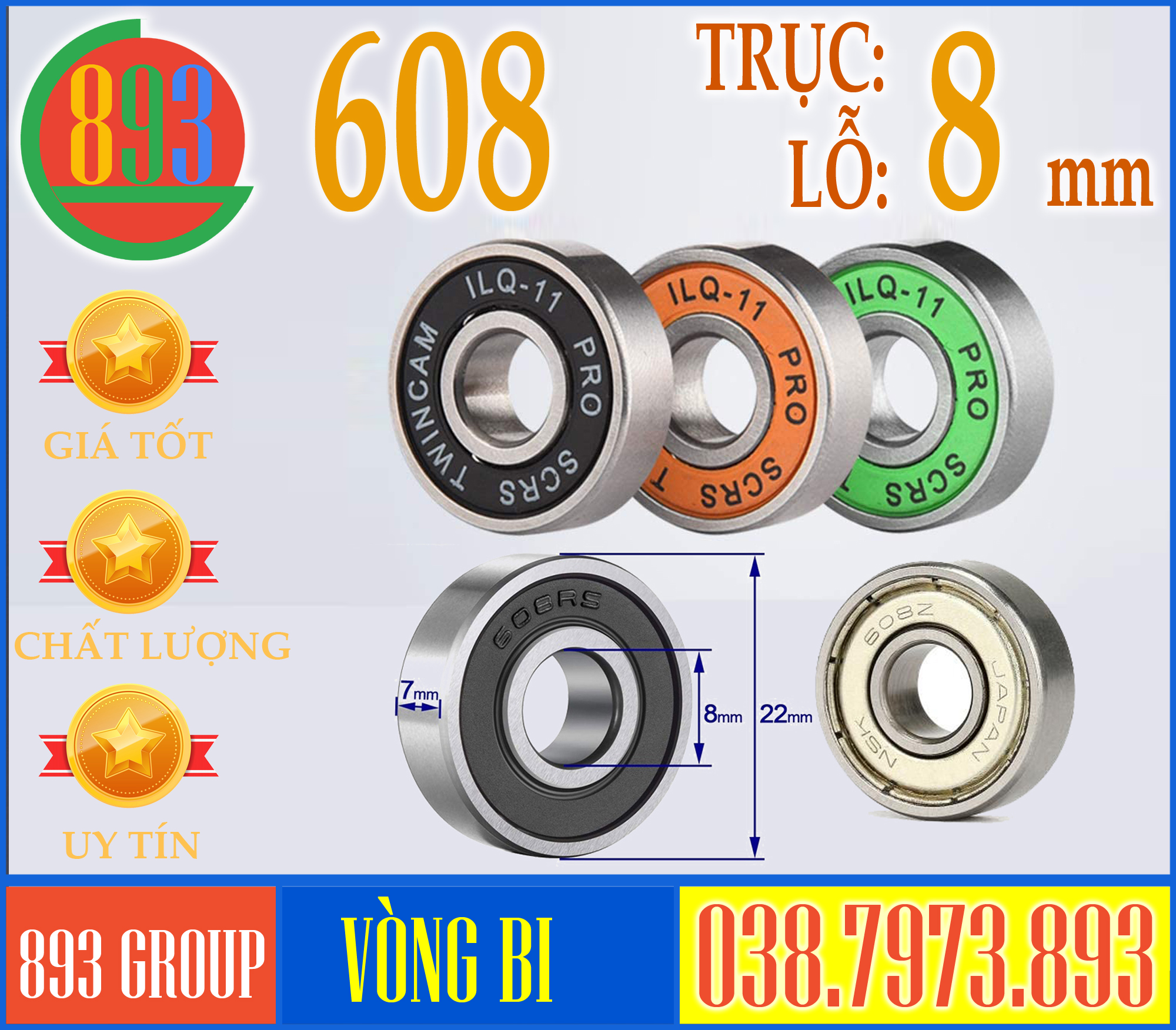 Vòng bi 608 - trục 8mm -  8x22x7mm/40.000rpm cho ván trượt, patin, CNC, xe máy