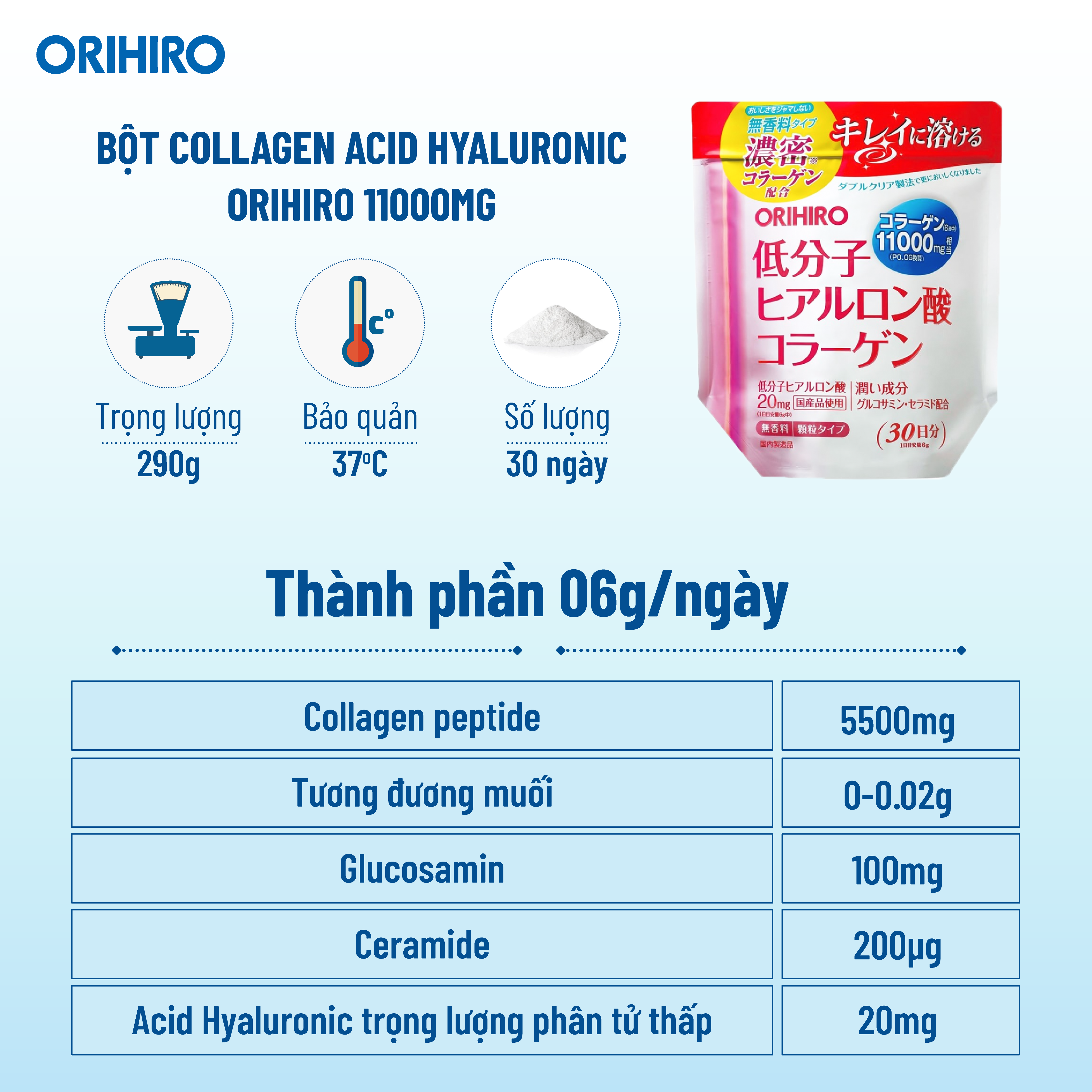 Bột Collagen Hyaluronic Acid Orihiro Cung Cấp 11000Mg Collagen Giúp Làn Da Đàn Hồi, Săn Chắc, Chống Lão Hoá Hiệu Quả, Ngăn Chặn Hình Thành Nám, Tàn Nhang
