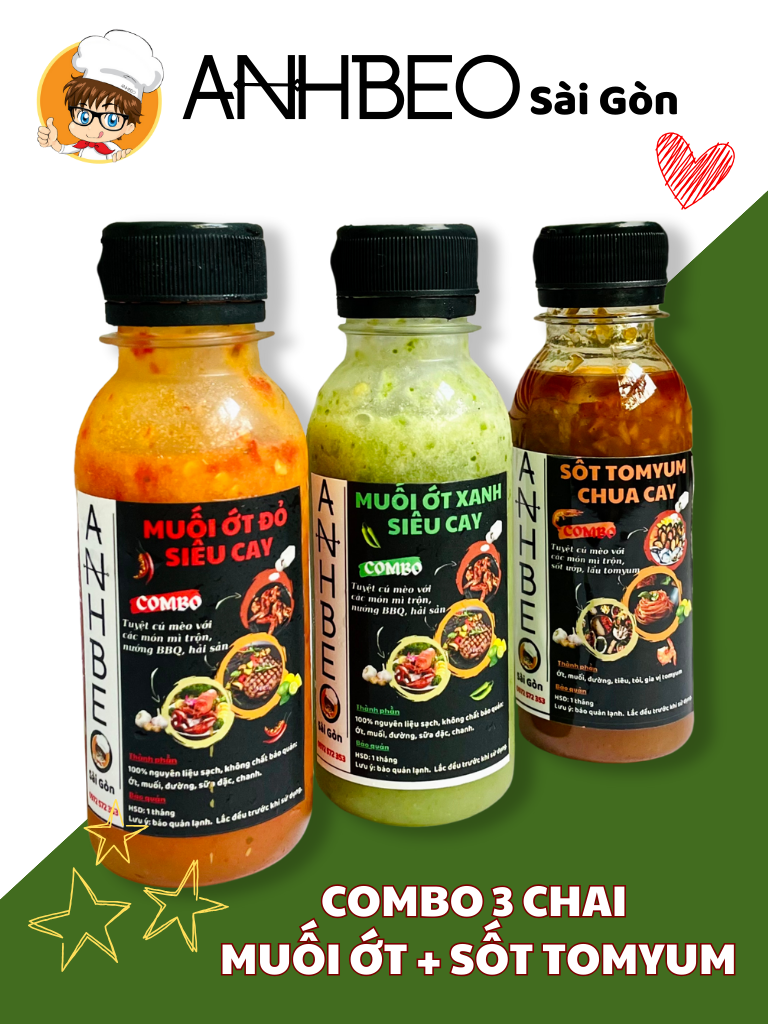 Combo 3 chai Muối ớt xanh-đỏ và Sốt Tomyum chấm đồ nướng, hải sản, mì trộn, bánh tráng trộn, gà ủ muối, đồ ăn vặt