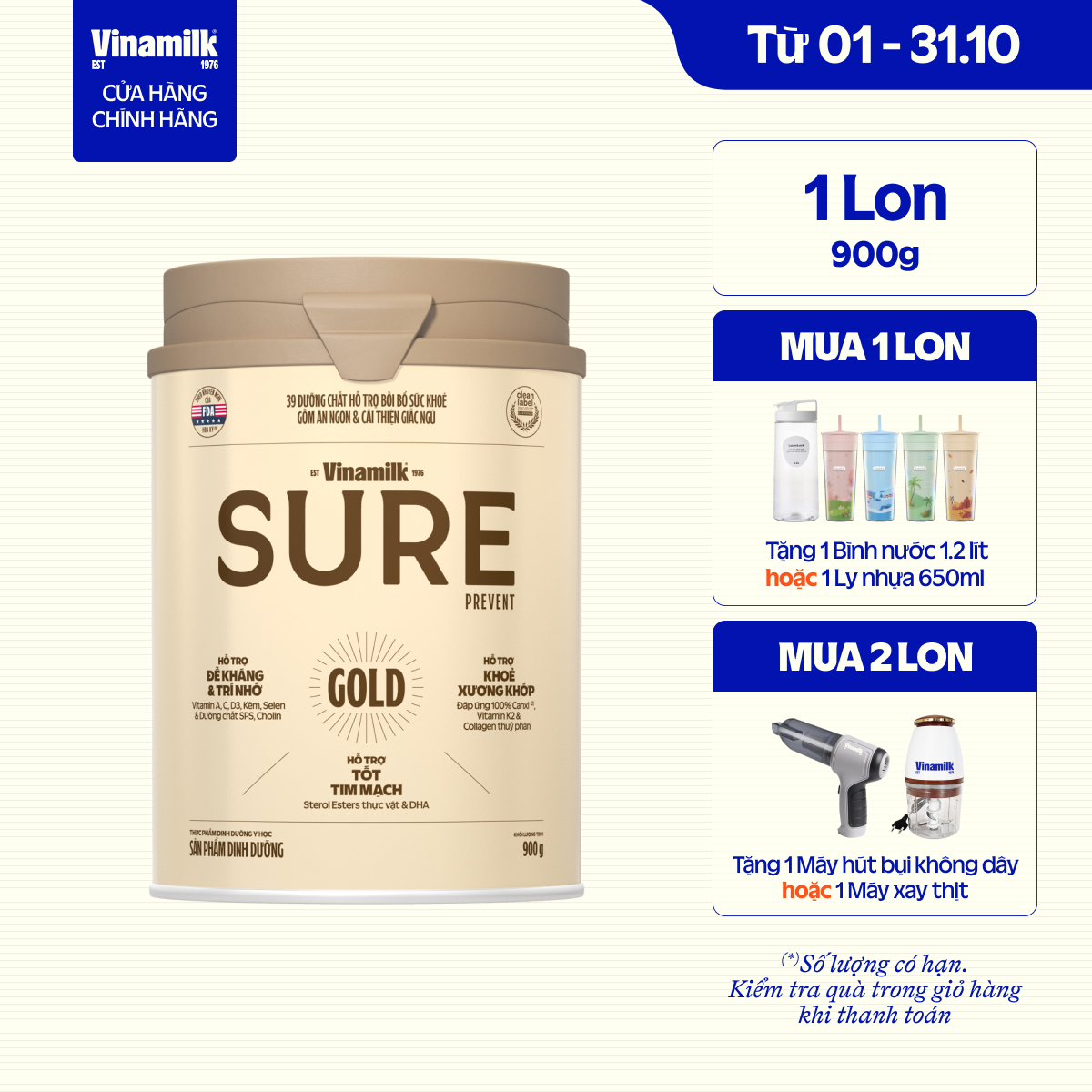 [CÓ THỂ NHẬN BAO BÌ CŨ MỚI] Combo 2 lon Sữa bột cho người lớn tuổi Vinamilk Sure Prevent 900g (Hộp thiếc)|