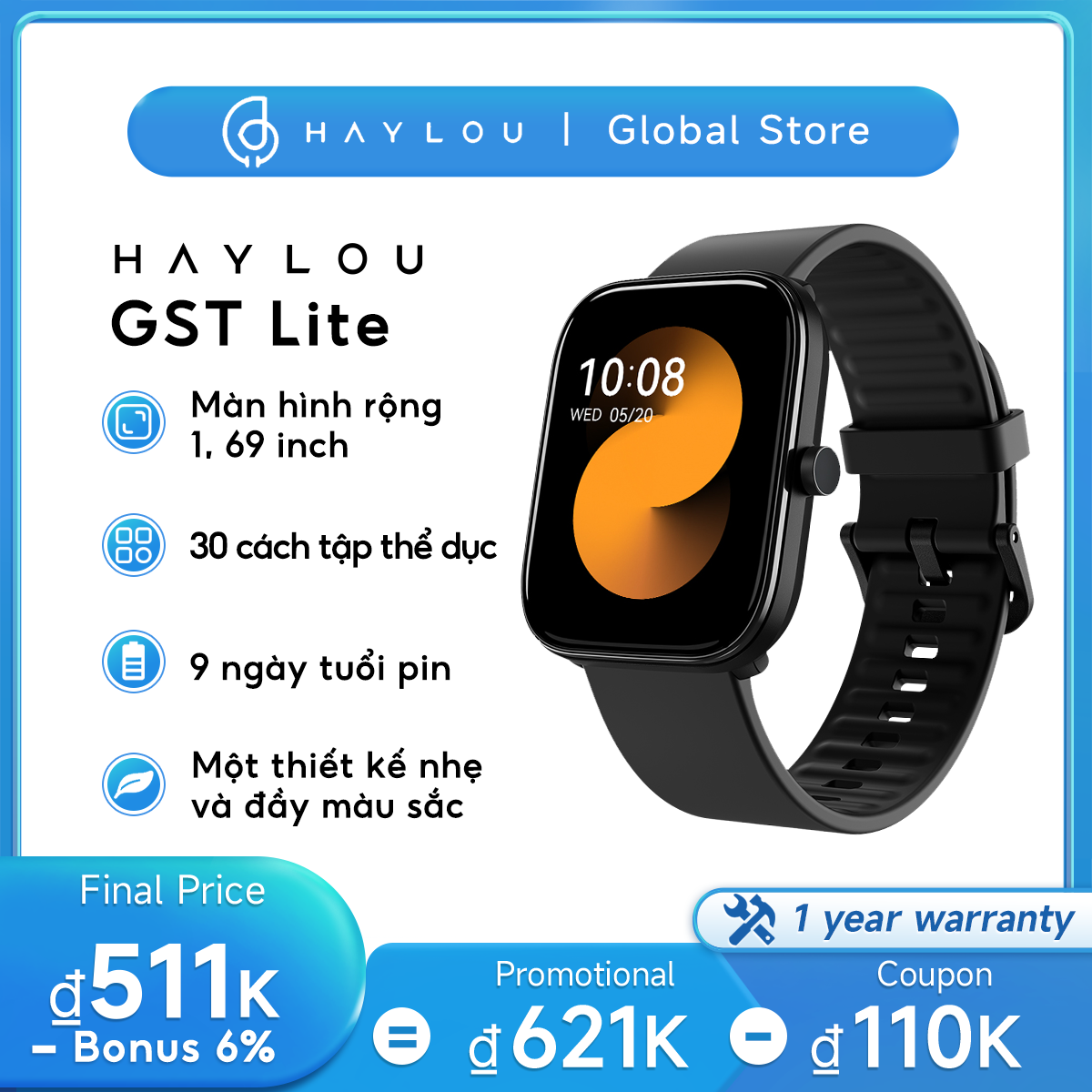 Đồng hồ thông minh Haylou GST Lite LS13 Haylou Fun APP 1.69 của màn hình