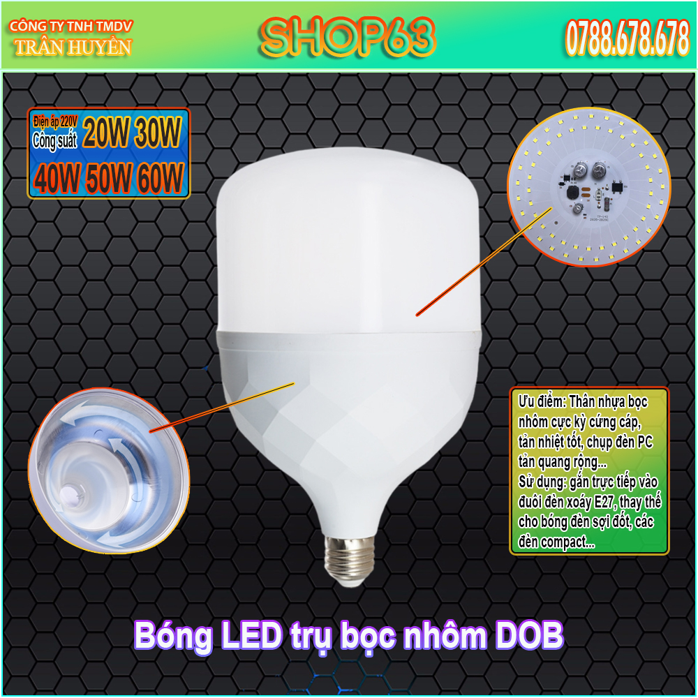 Bóng đèn LED trụ bọc nhôm cao cấp ánh sáng trắng 20W 30W 40W 50W 60W - led bulb siêu sáng (tuổi thọ cao - bảo hành 2 năm)