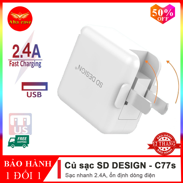 Củ sạc nhanh chính hãng SD DESIGN C77s Chân Gập 90 độ tương thích  các thiết bị điện thoại iphone, Huawei, Xiaomi, samsung, oppo Bảo hành 1 đổi 1