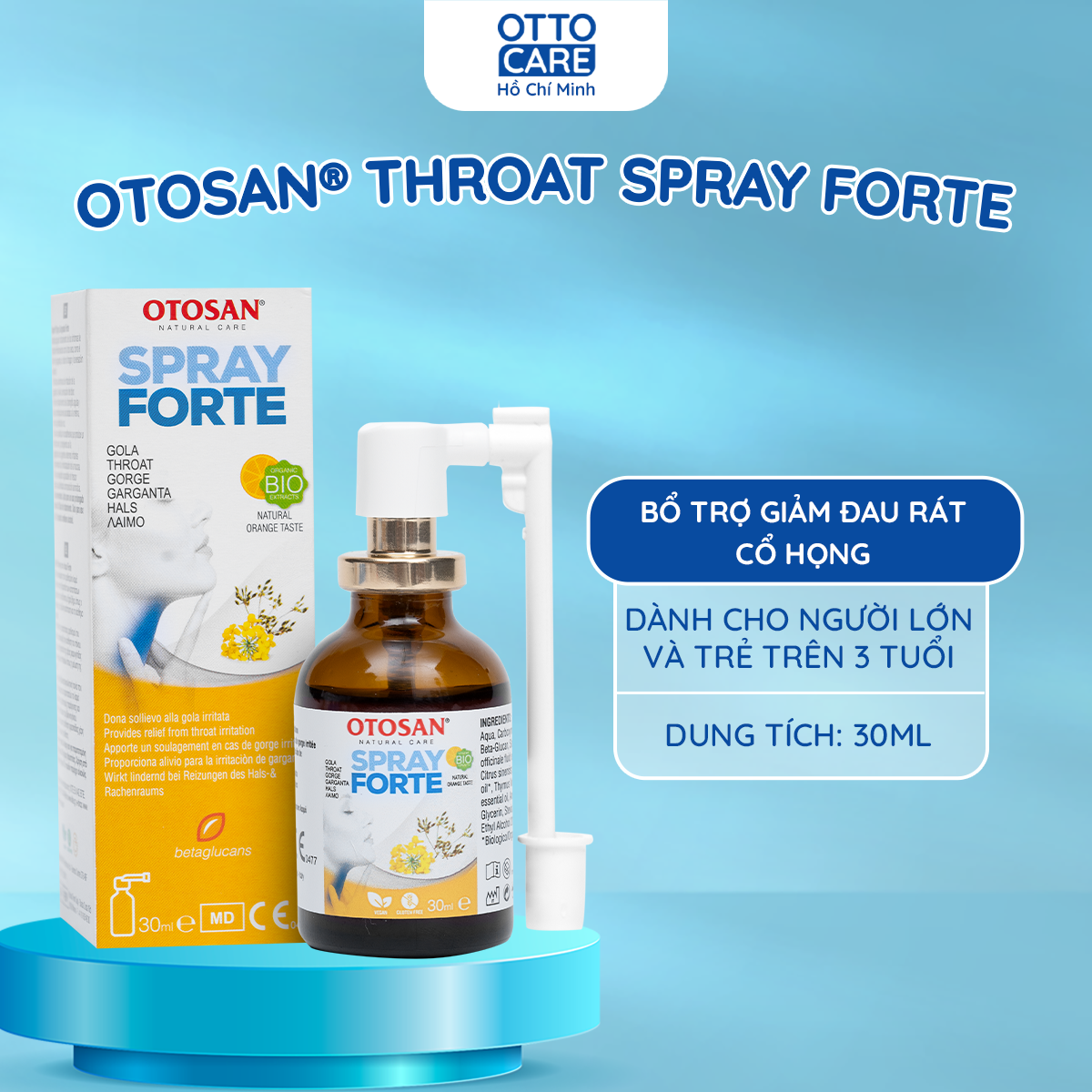 XỊT HỌNG OTOSAN THROAT SPRAY FORTE 30ML VỊ CAM MẬT ONG – LÀM DỊU HỌNG, HỖ TRỢ GIẢM HO, GIẢM ĐAU RÁT HỌNG