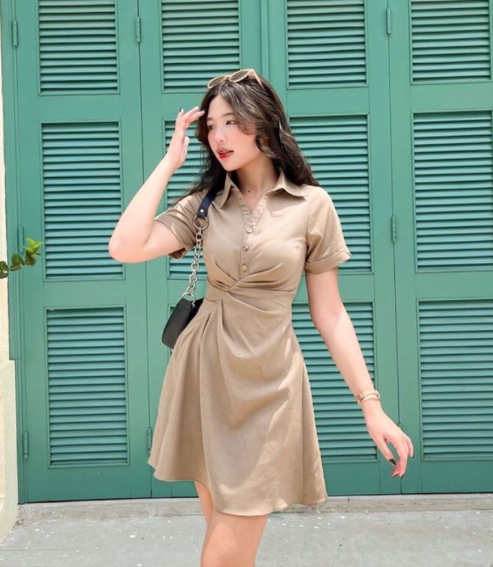 Váy sơ mi li eo lệch hông 3 màu babydoll siêu xinh