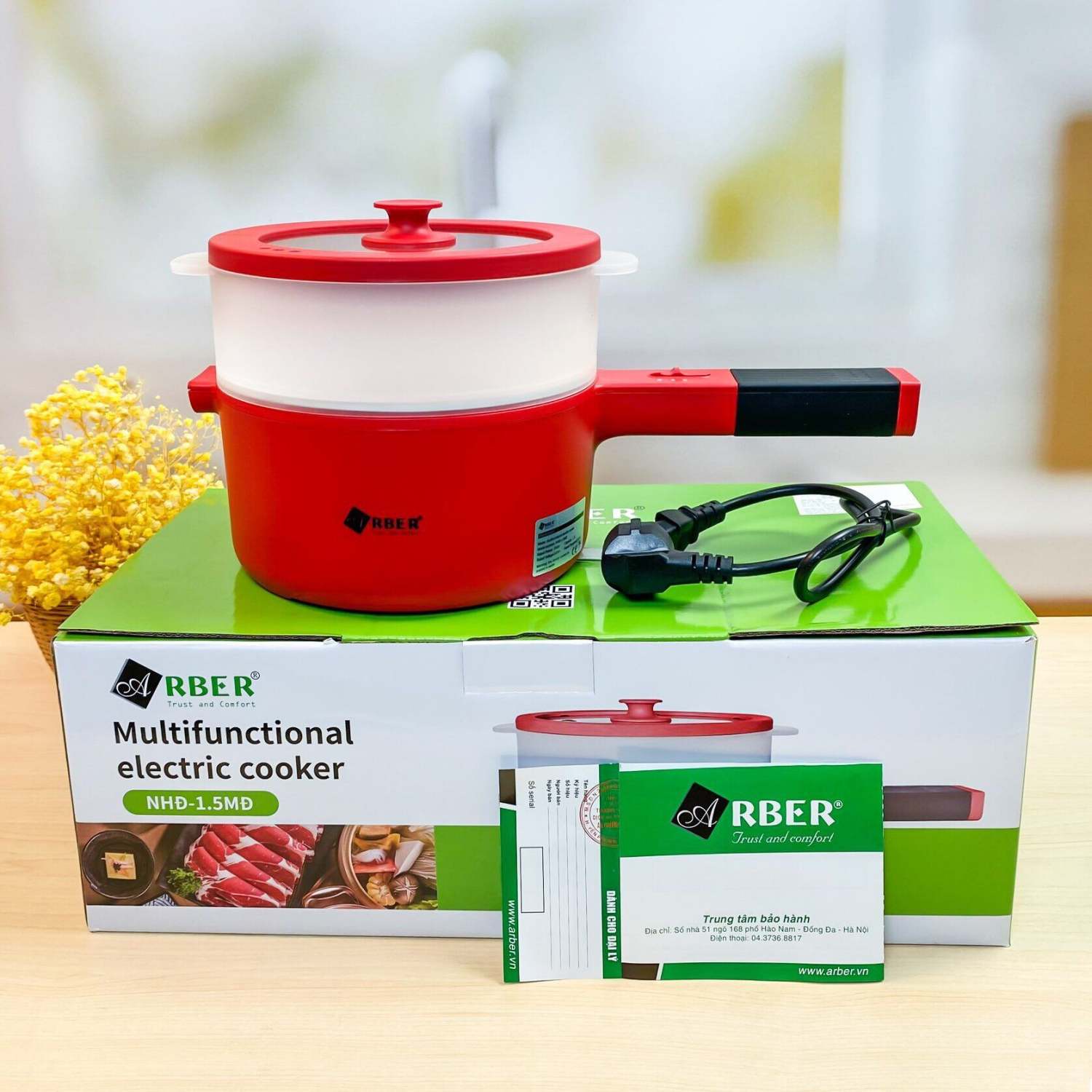 Nồi điện lẩu điện mini chống dính kèm xửng hấp đa năng của hãng ARBER NHĐ-1.5MD