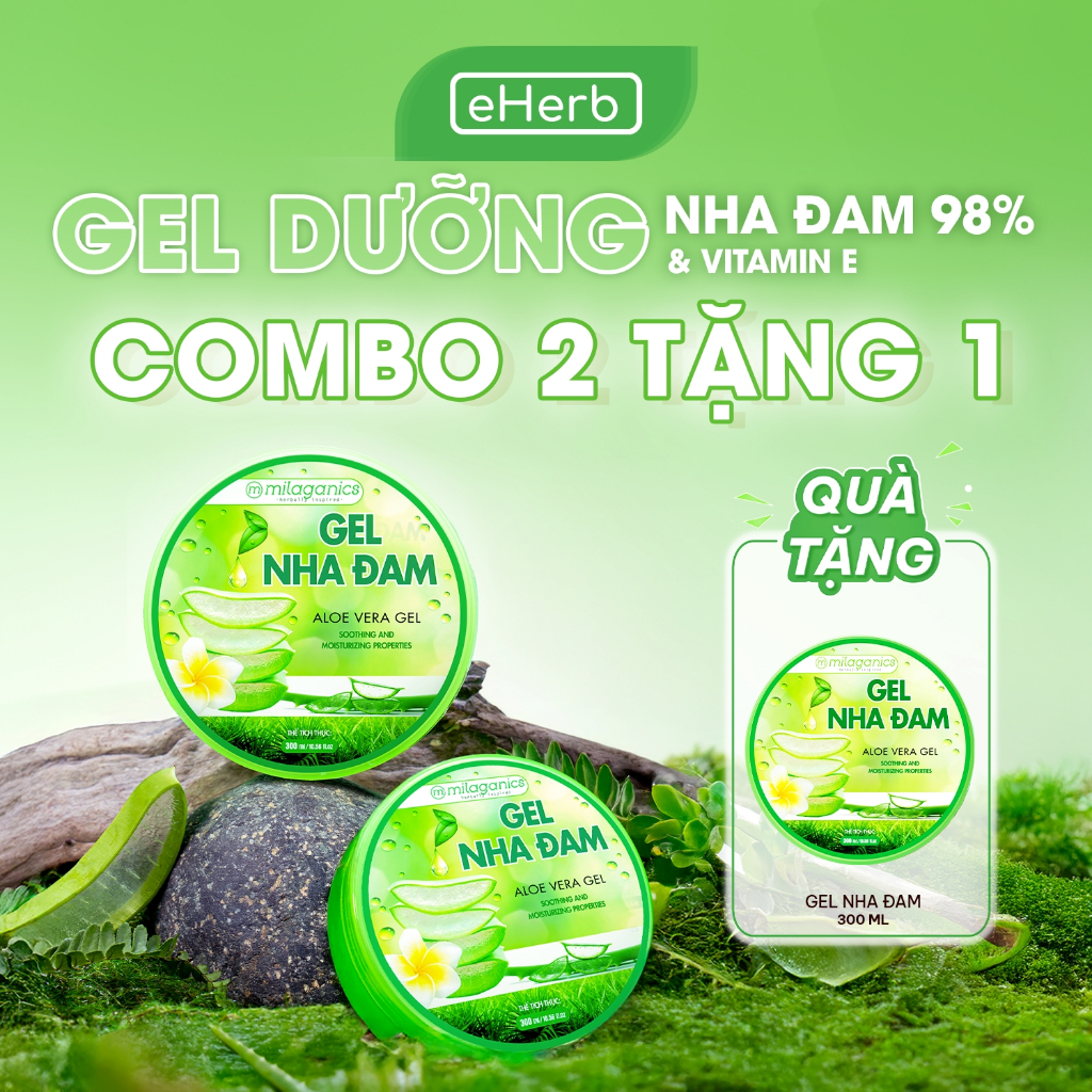  MUA 2 TẶNG 1  Gel Nha Đam Dưỡng Ẩm & Làm Mềm Da - Gel Lô Hội 98% Aloe Vera Gel MILAGANICS 300ml  Hũ  - eHerb 