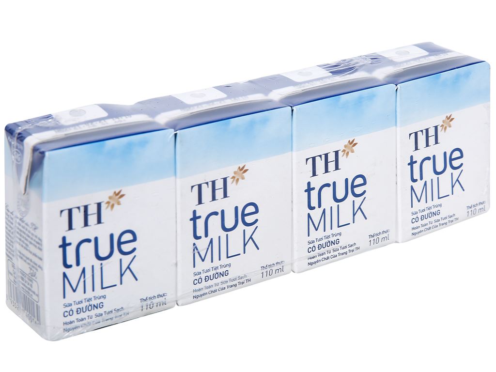 Lốc 4 hộp Sữa tươi tiệt trùng TH true milk ít đường có đường hộp 110ml