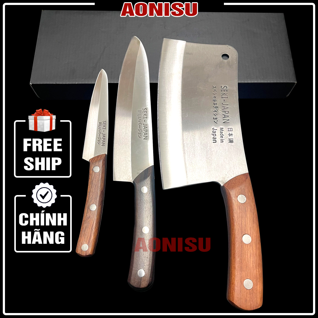 Bộ dao làm bếp seki nhật bản cực bén cao cấp - combo dao chặt xương/ dao chặt gà chính hãng japan + dao thái thịt + dao gọt trái cây hoa quả - dụng cụ làm bếp aonisu