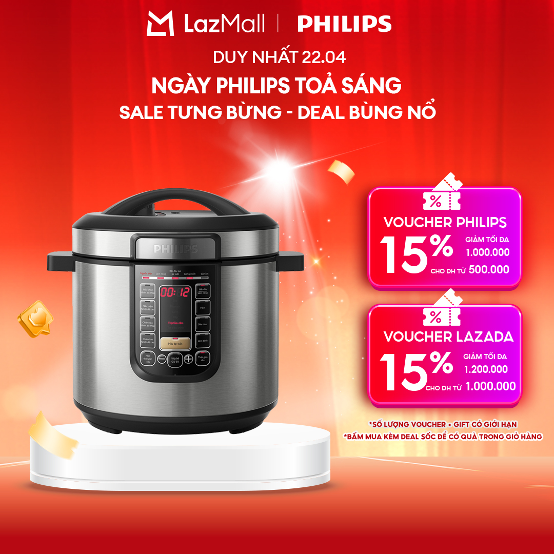 [NGÀY THƯƠNG HIỆU TỎA SÁNG DUY NHẤT 22.04] Nồi Áp Suất Điện Tử Philips HD2237/66 (6L) - Lòng Nồi Bằng Hợp Kim Nhôm Tráng Lớp Chống Dính Siêu Bền, Thiết Kế Nắp Trong Có Thể Tháo Rời Dễ Làm Sạch-Hàng Phân Phối Chính Hãng (Thay thế mẫu HD2137)