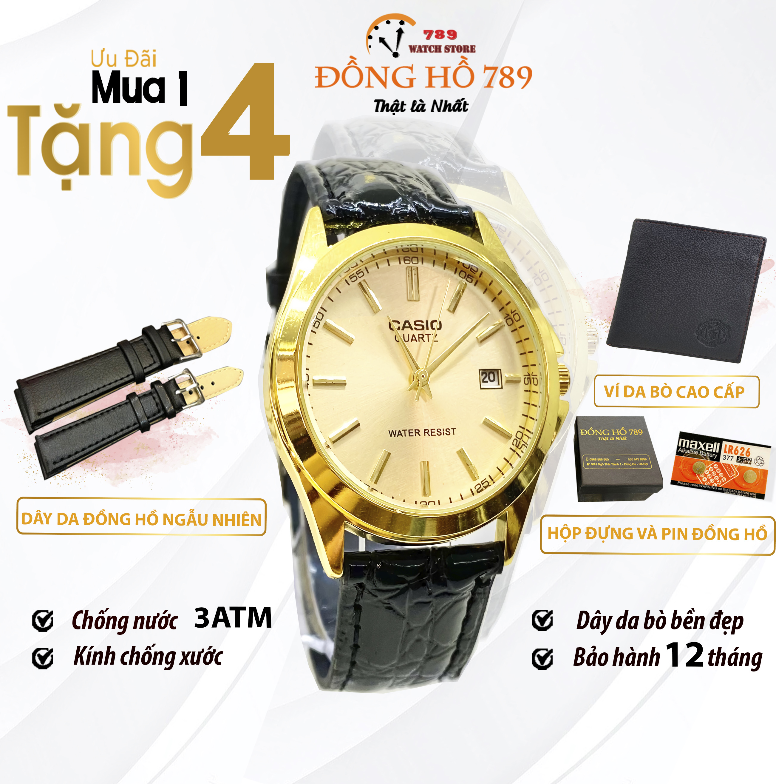 [KHUYẾN MẠI KHỦNG] TẶNG dây da cao cấp + 1 ví da + 2 pin AG4 trị giá 100.000đ Khi Mua Đồng Hồ Nam CASI0 VÀNG ĐEN Chống Xước, Chống Nước