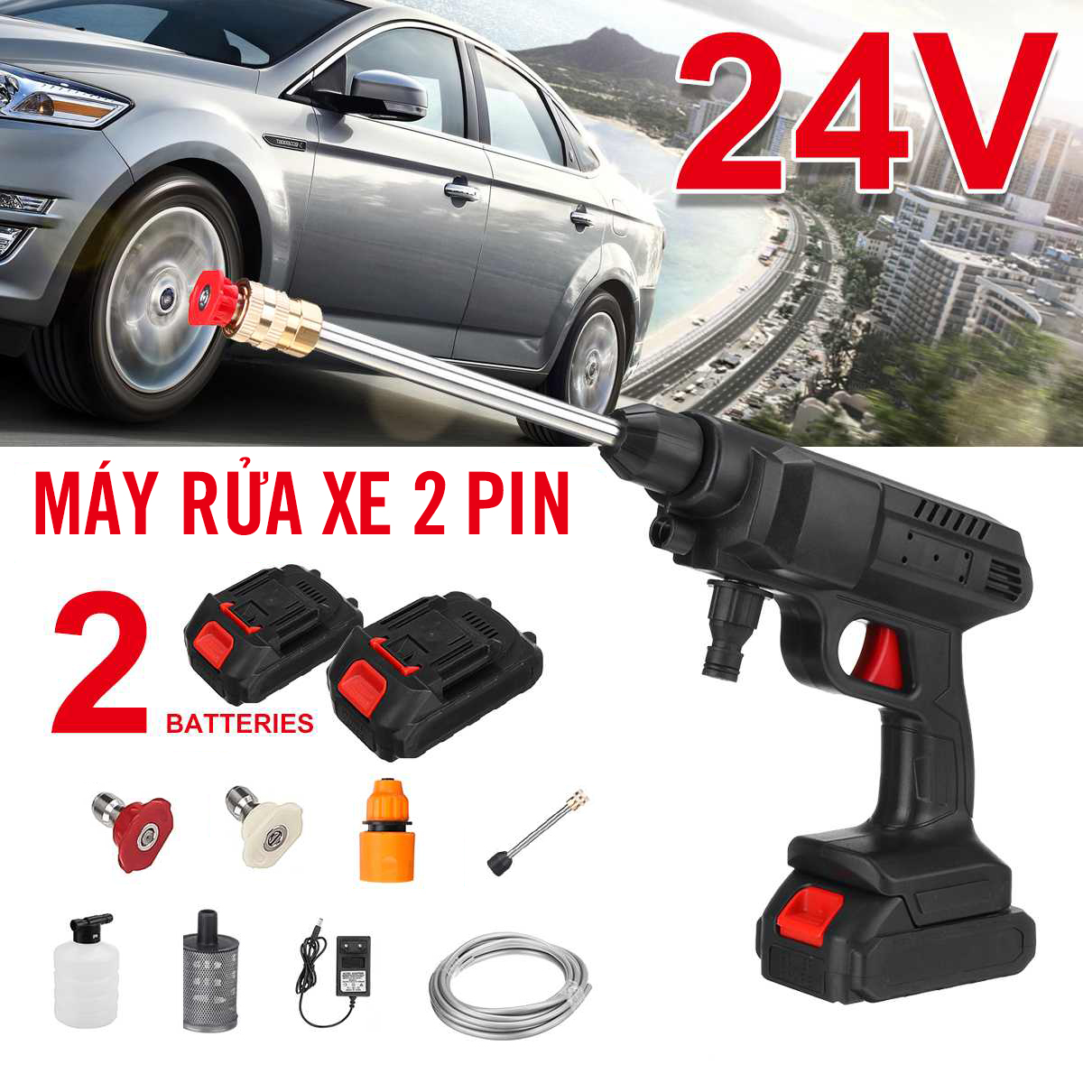 Máy rửa xe - Máy rửa xe dùng Pin Tặng Kèm 2 Pin đầy đủ phụ kiện