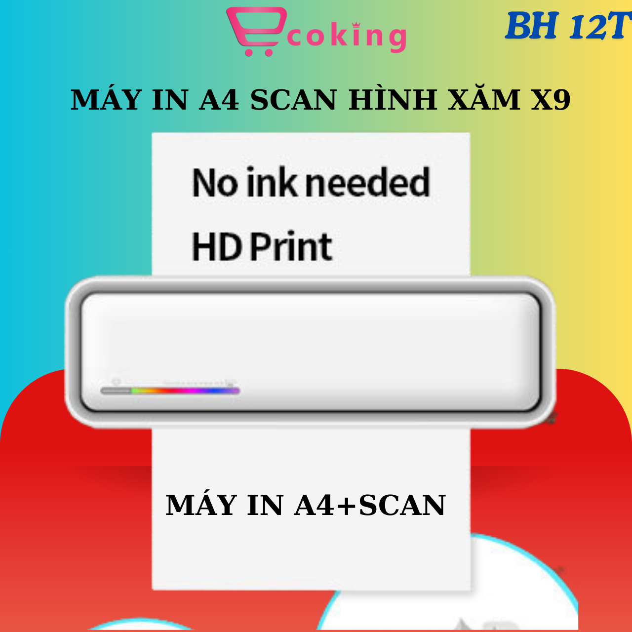 Máy in A4 mini bluetooth X9  giấy A4 nhiệt  ECOKING scan được hình xăm sạc pin, kết nối được tất cả 