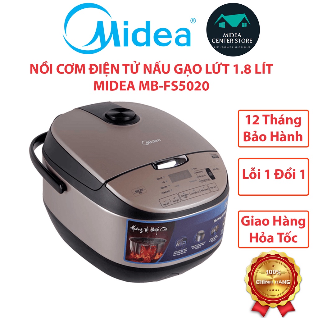 Nồi cơm điện - điện máy xanh, nồi cơm điện tử midea 1.8 lít mb-fs5020, hợp kim nhôm phủ chống dính daikin nhật bản, có xửng hấp giữ ấm hẹn giờ nấu van thoát hơi thông minh bh 12 tháng