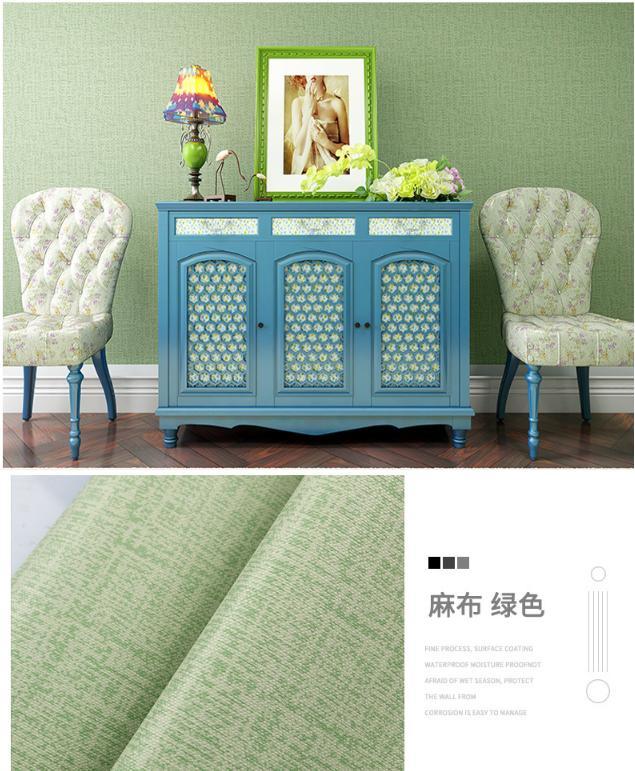 Cuộn 10Met giấy dán tường giả vải trơn xanh lá có sẵn keo.