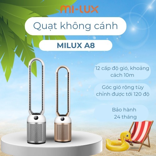 Quạt không cánh lọc không khí mi-lux a8 cao cấp, 12 cấp gió, công suất 40w, an toàn, tiết kiệm điện