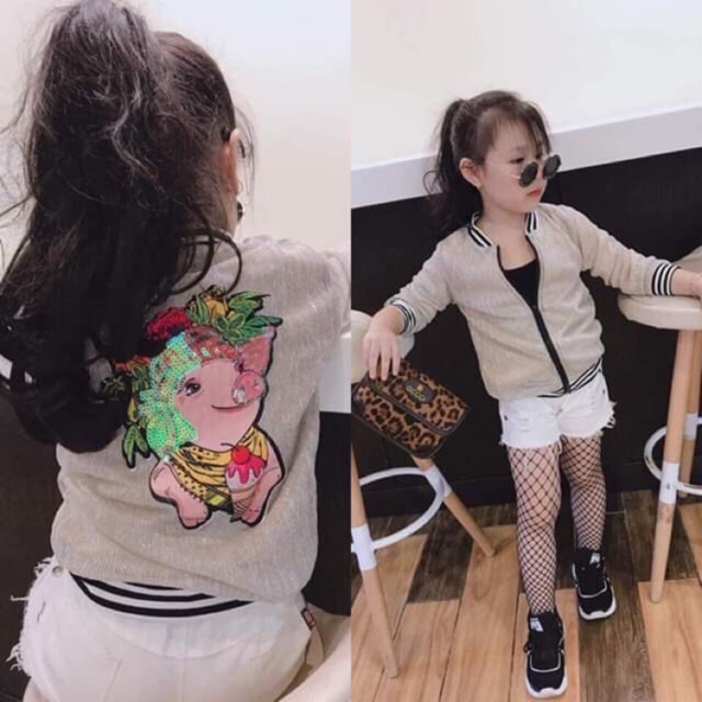Áo khoác nhũ 2 lớp họa tiết thêu lợn ỉn kim sa sang chảnh sành điệu cho bé gái 8-20kg