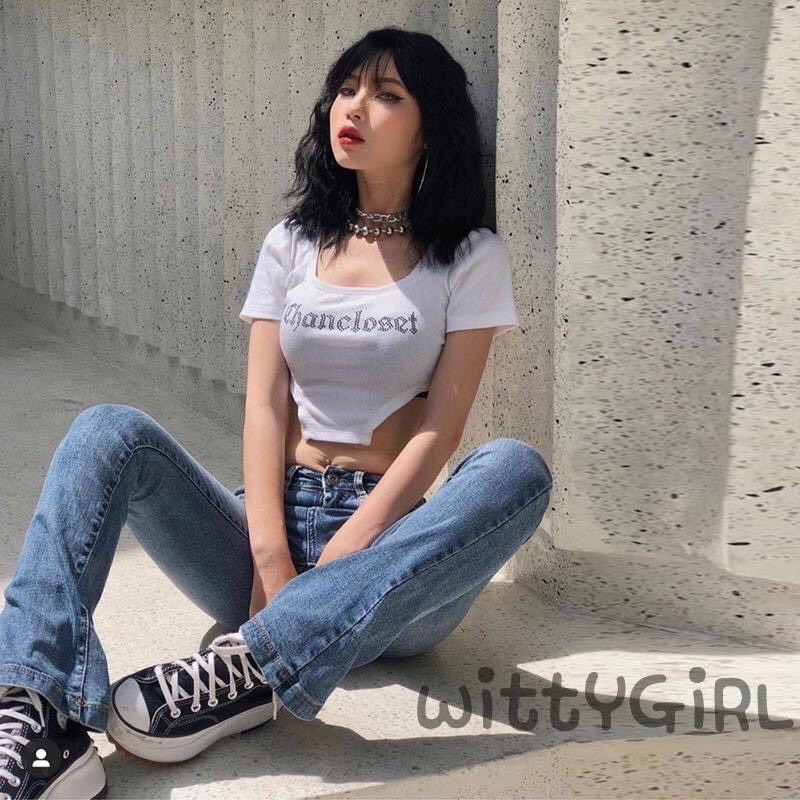 Áo croptop tay ngắn khoét eo đính đá chancloset, áo croptop body hở eo