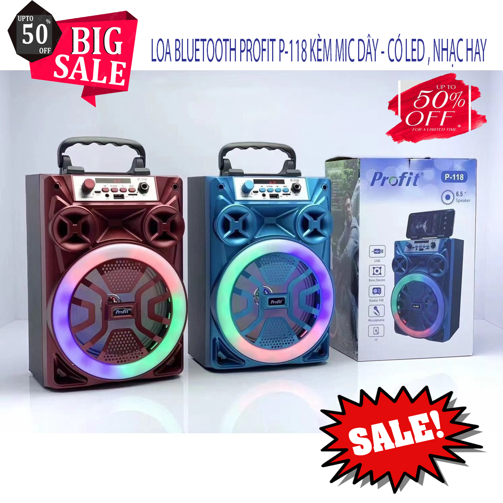 Loa bluetooth profit p-118 kèm mic dây - có led cao cấp, loa bluetooth profit p-118 thiết kế sang trọng, nhạc siêu to hát siêu hay, âm thanh trầm ấm. lỗi 1 đổi 1