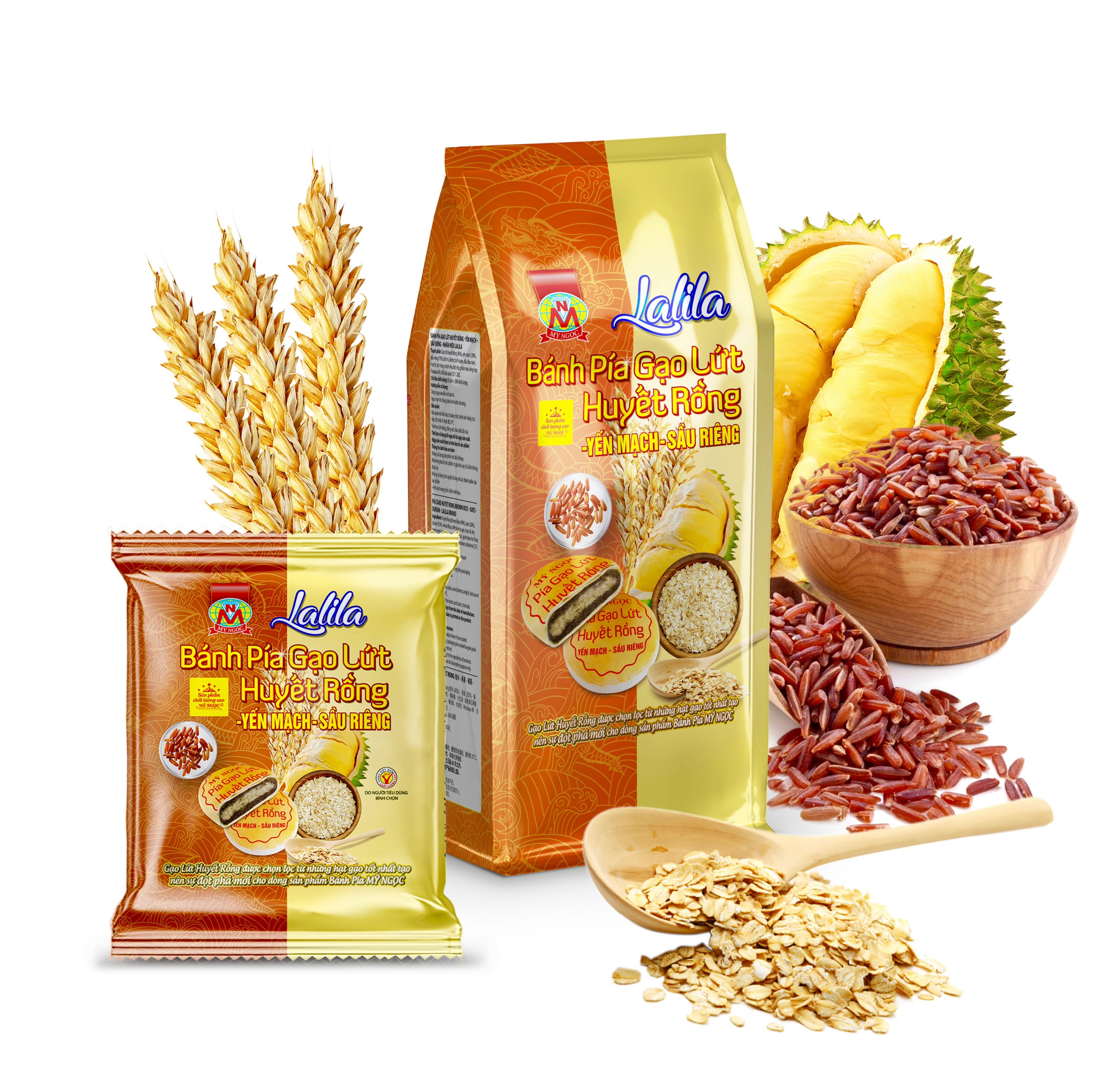 LaLiLa - 360g Bánh PÍA chay GẠO LỨT HUYẾT RỒNG yến mạch SẦU RIÊNG tươi, CÓ 4 BÁNH 90g trong MỘT TÚI, không có TRỨNG MUỐI , thơm thơm SẦU RIÊNG CHÍN tự nhiên – GIÀU DINH DƯỠNG – bổ bổ YẾN MẠCH & GẠO LỨT
