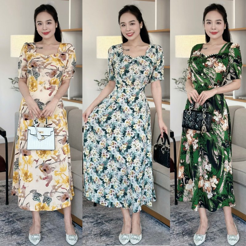 Đầm hoa form dài, cổ đính ngọc đính nút, tay phồng Misa - MS0312